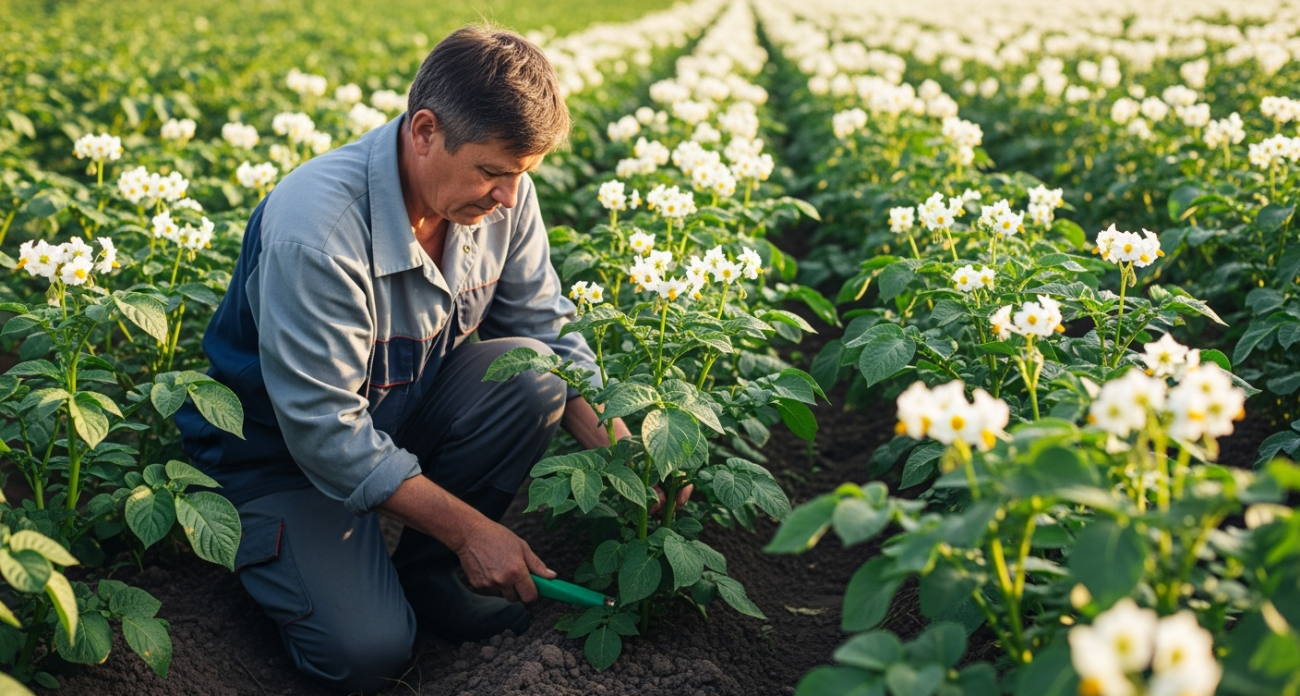 Как только картофель зацвел — тут же вношу под корень: 20 кустов дают урожай на всю зиму