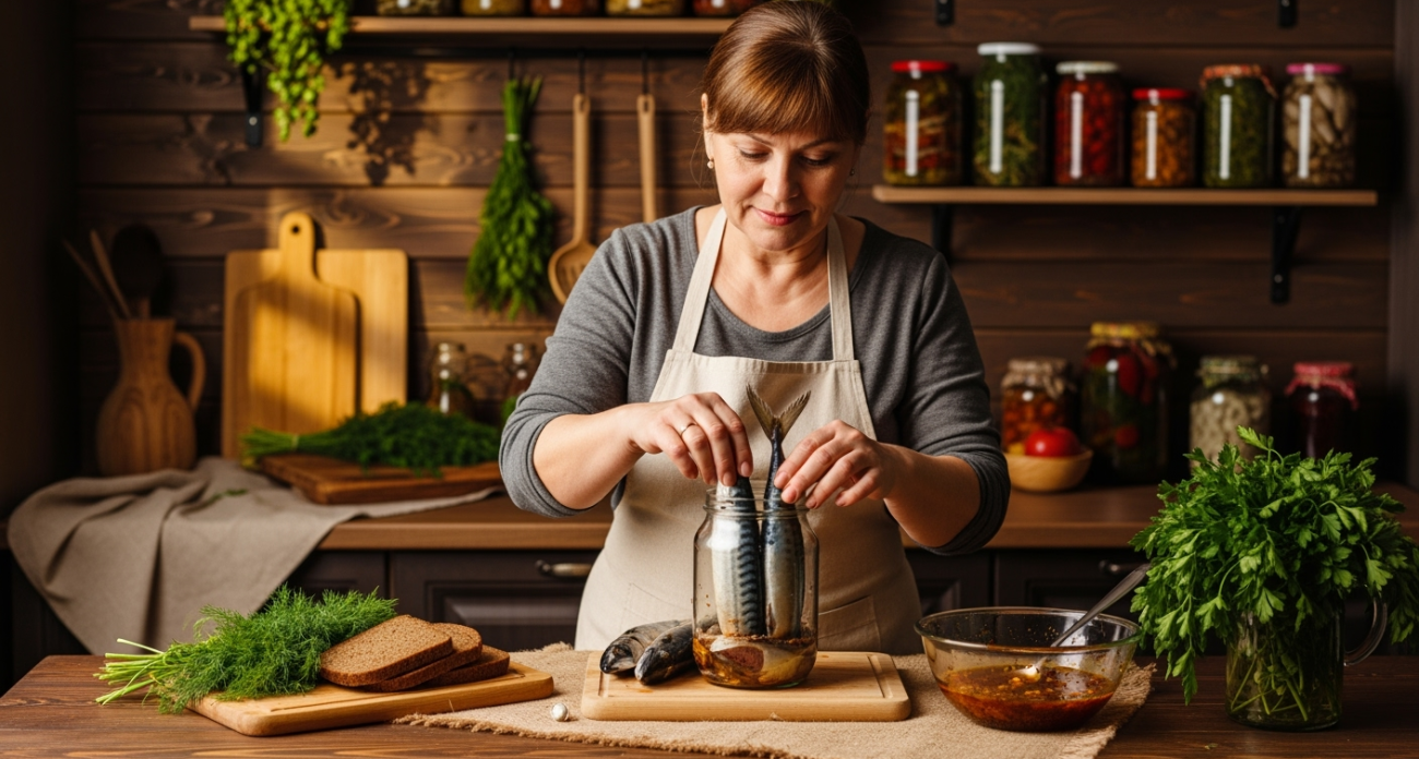 Скумбрия в бутылке получается как копченая: кладу тушку в бутылку, заливаю маринадом - никакой химии