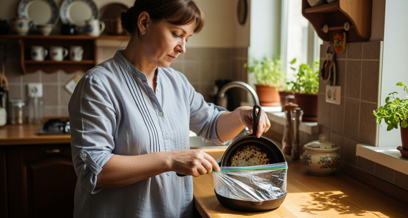 Кладу сковороду в пакет — нагар отлетает со свистом, поверхность сверкает как зеркало