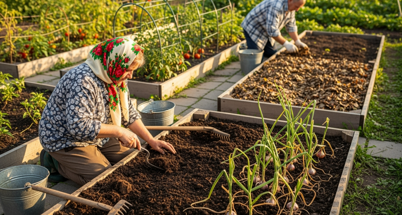 Что делать с грядками после уборки чеснока и лука: 35 минут — и супер плодородная грядка готова