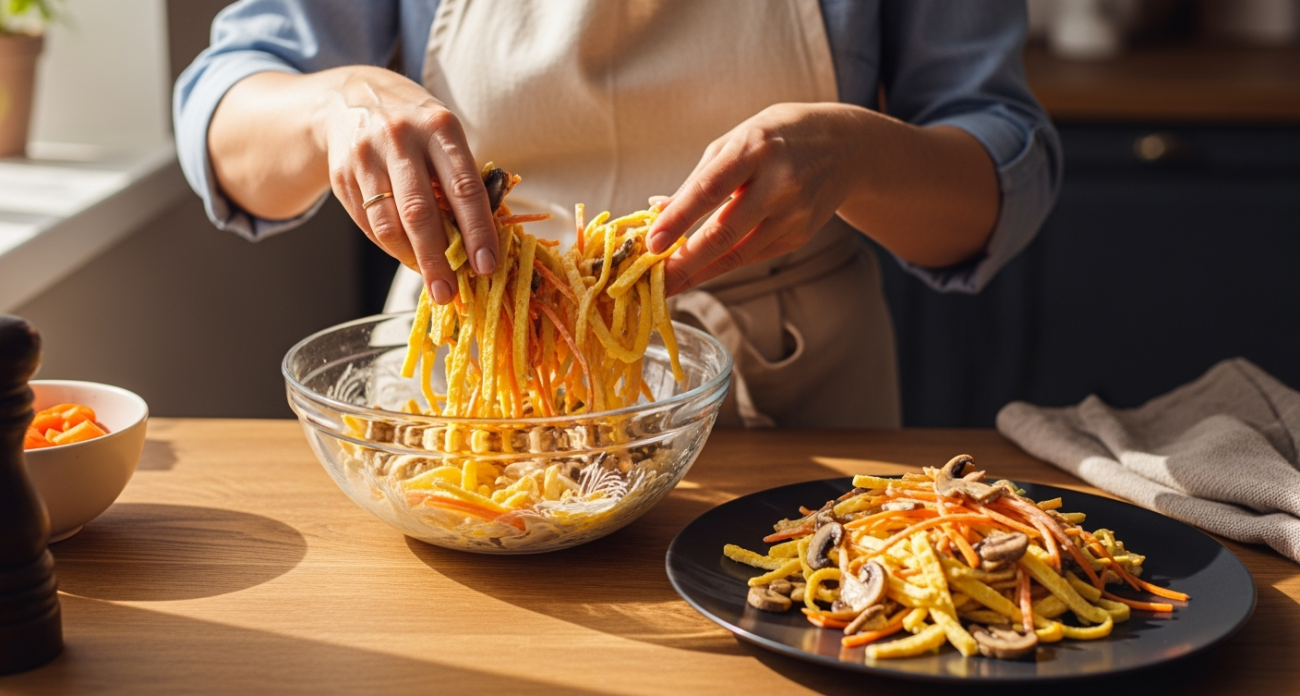 Салат с яичными блинчиками за 10 минут - секрет блюда, которое станет хитом вашего стола