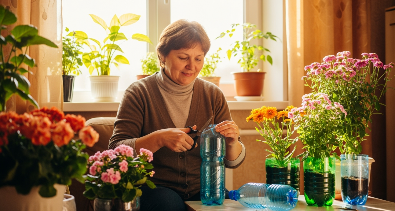 Она превращает пластиковые бутылки в цветочные горшки по особой технике — теперь понятно, почему её растения цветут круглый год