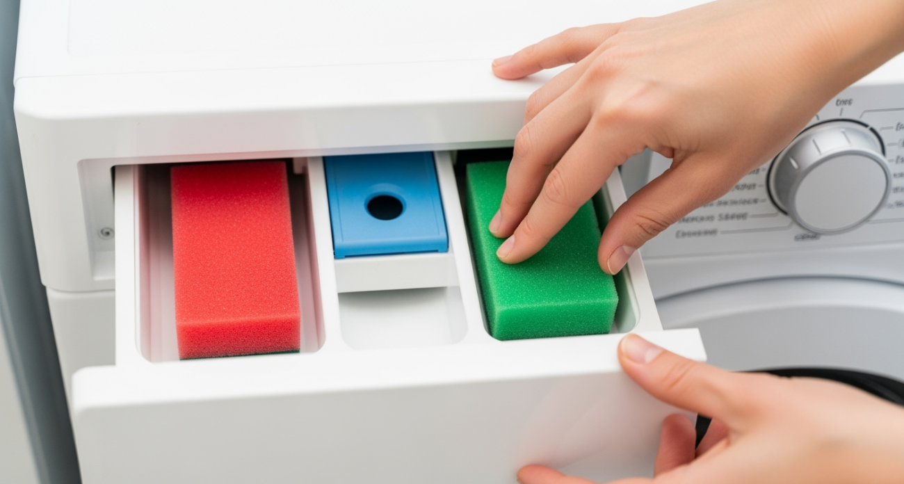 Специалисты стиралок об этом молчат: положите 2 губки в лоток стиралки – налет больше не побеспокоит