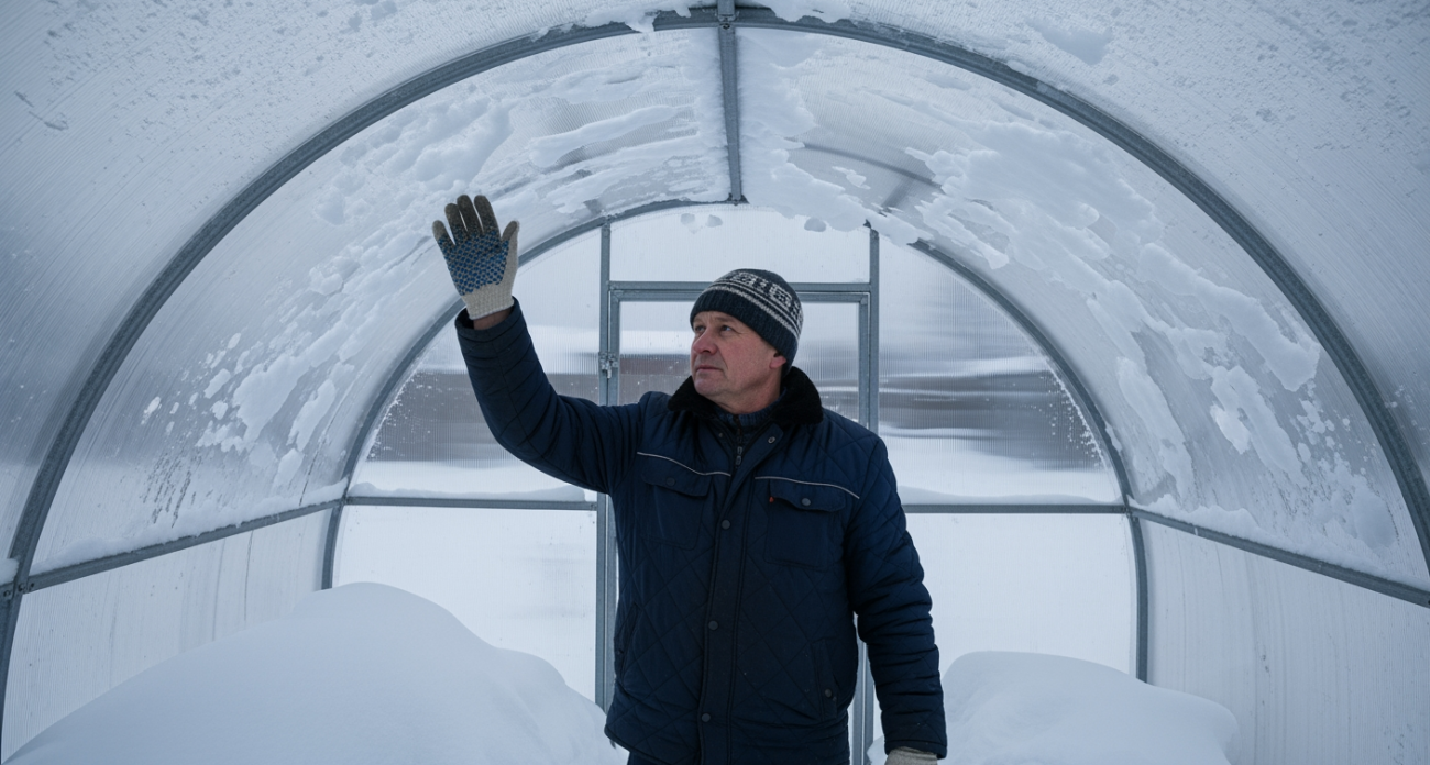 Старый трюк садоводов для мгновенной очистки теплицы от снега без лопаты и техники