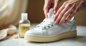 3 капли на ватный тампон - и очищаем белую подошву: исчезают даже стойкие желтые пятна
