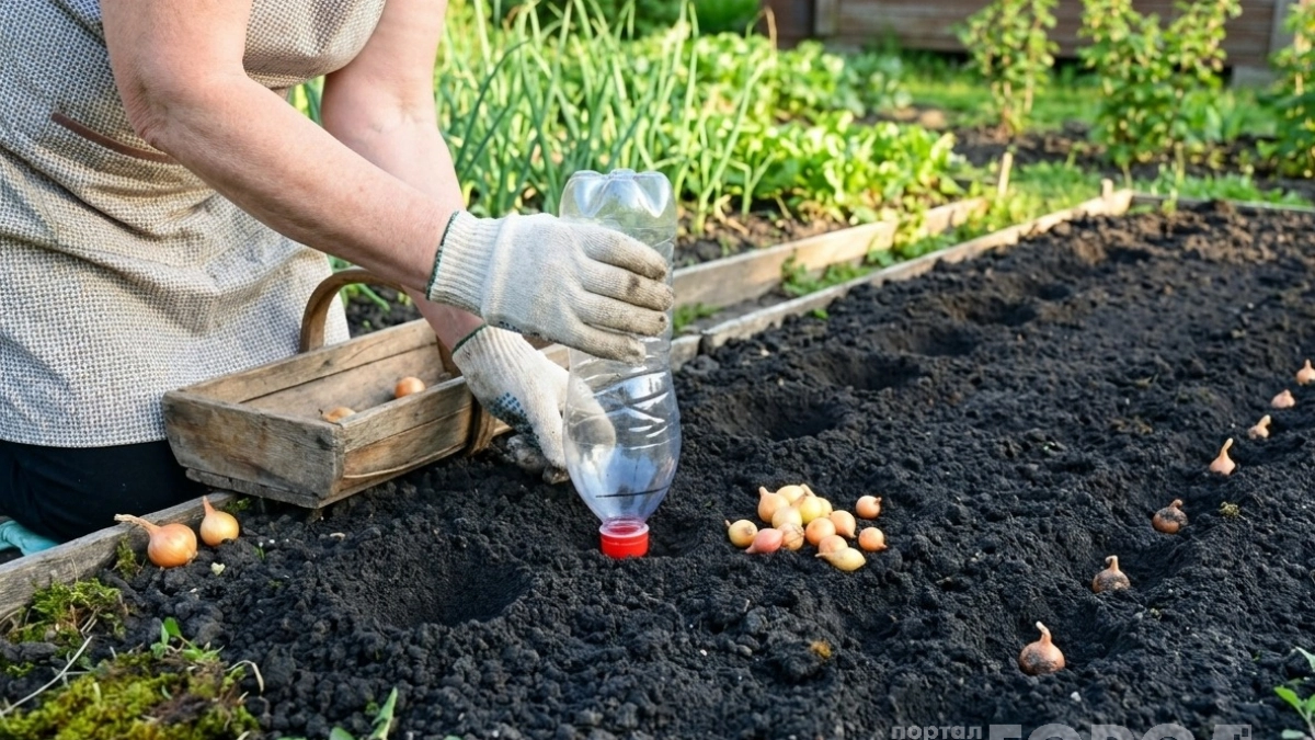 Сажаю севок бутылкой — в 2 раза быстрее и удобнее: спина каждый раз говорит "спасибо" за хитрую технику